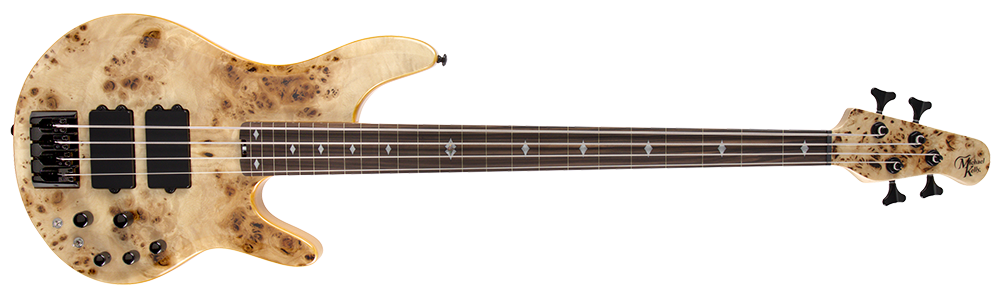 pinnacle 4 bass fretless nat burl guitar front