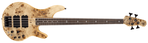 pinnacle 4 bass fretless nat burl guitar front