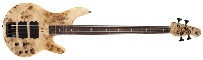 pinnacle 4 bass fretless nat burl guitar front