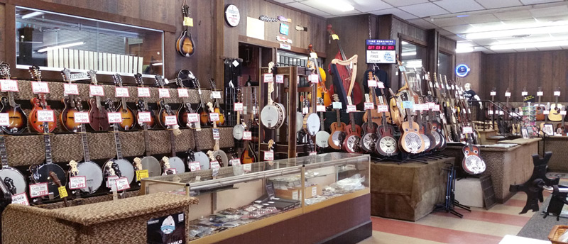 Mandolins, banjos, and resonators at Arthur's Music Store